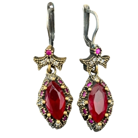 TURKISH RUBY 925 SILVER & BRONZE ALMOND SHAPED EARRINGS - Picture 1 of 8